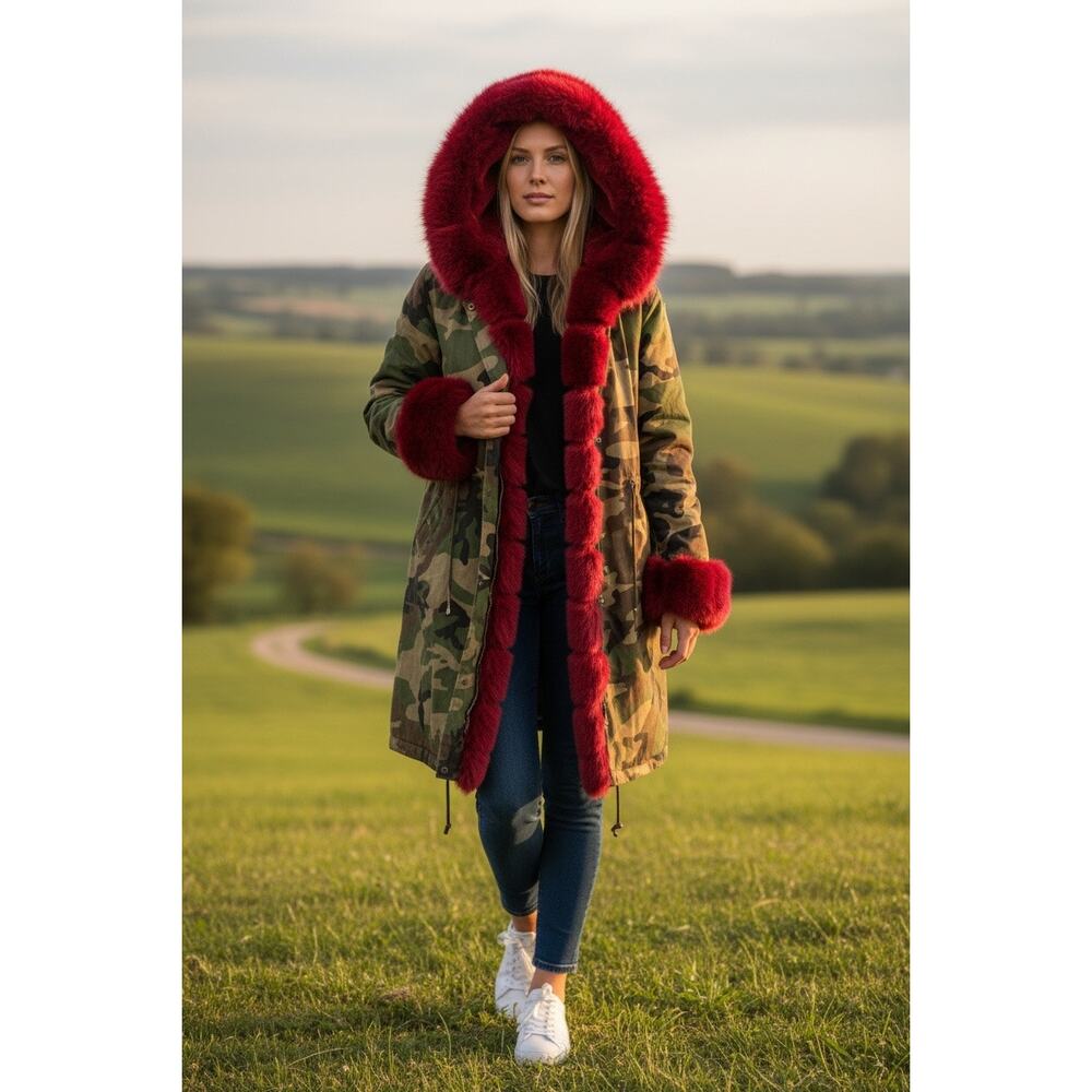 Women Hooded Military Camouflage Fur Trim Parka Coat Jacket Size XXL